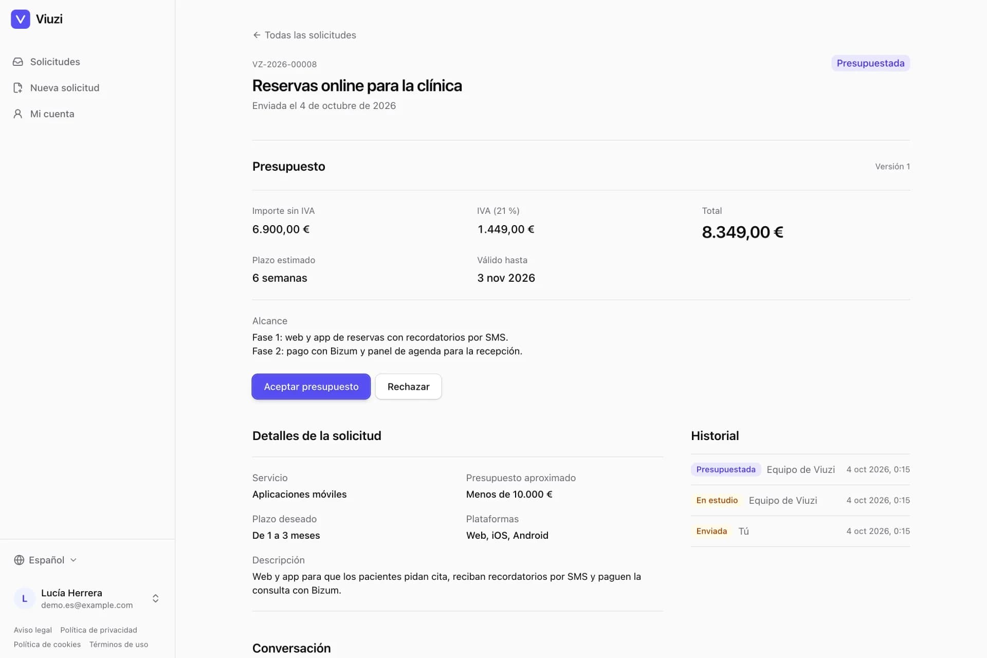 Presupuesto de una solicitud en la consola de cliente de Viuzi